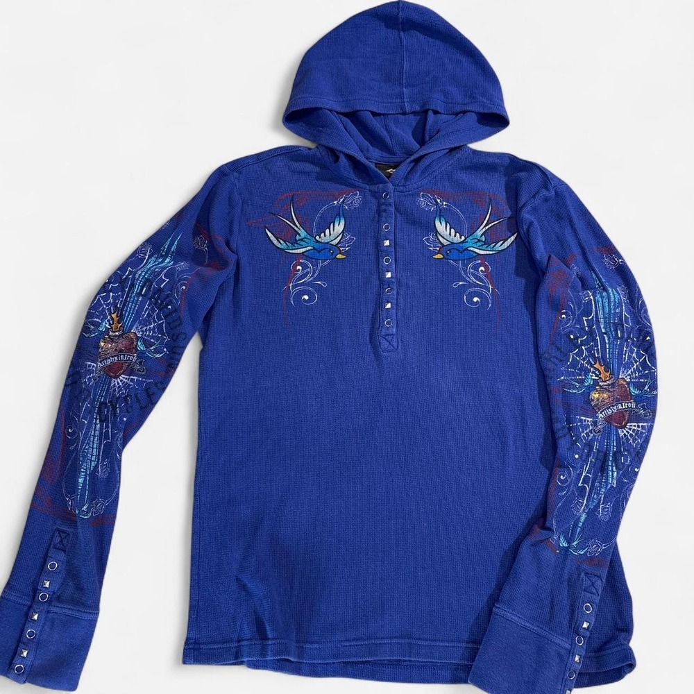 Y2K Harley Davidson Blue Thermal Hooded Shirt Studded Graphic Top Size Large
